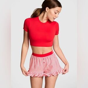 Victorias Secret PINK Festive Flannel Pajama Short Red White Striped Velvet Trim